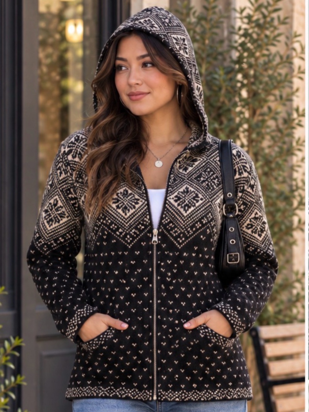 Vintage Lauren Ralph Lauren 100% Lambswool Nordic Hooded Zip Cardigan Sweater